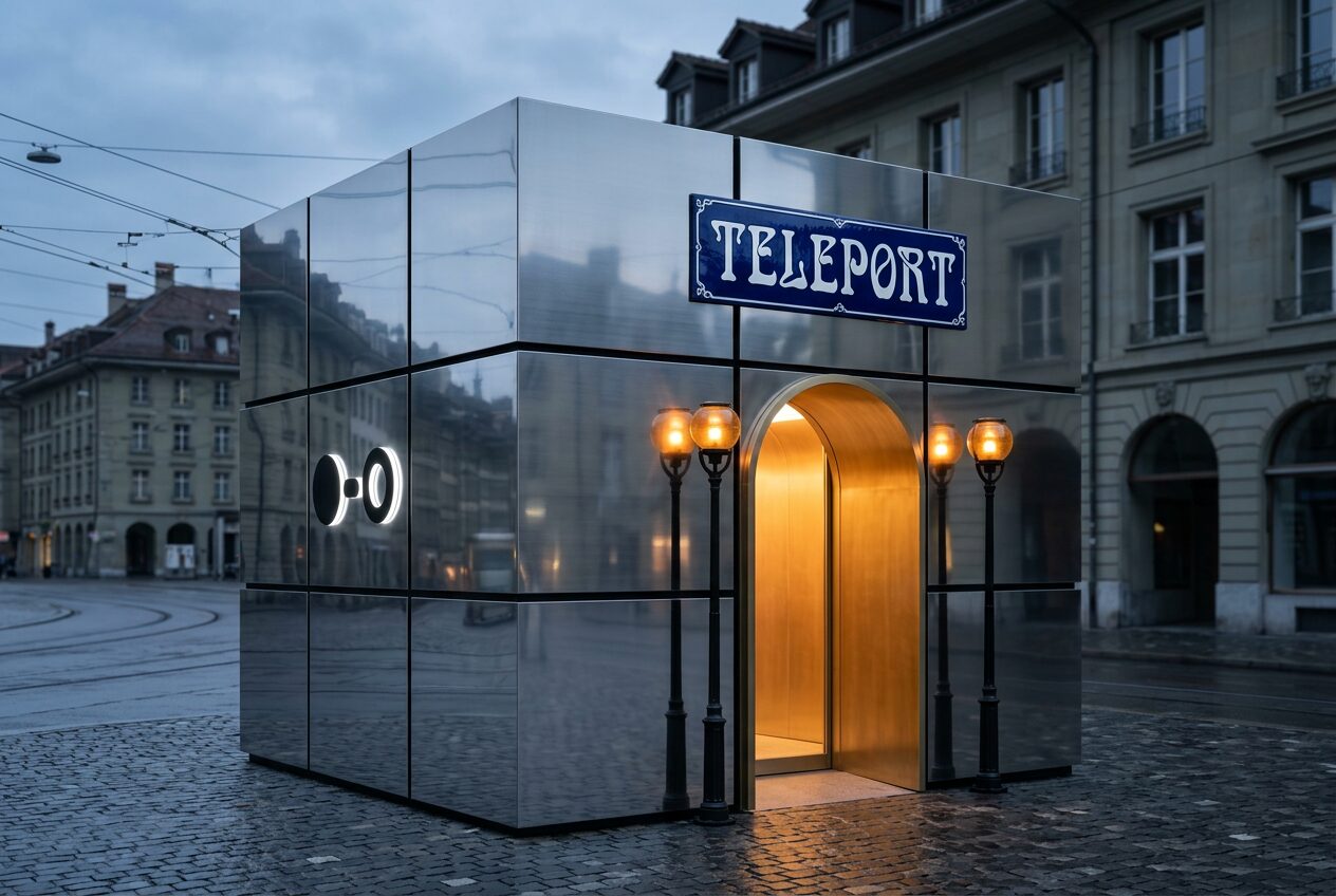 Eine Beam-Station auf einem Berner Platz in der blauen Stunde, die verspiegelte Fassade spiegelt die Altstadt.
