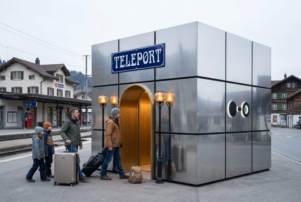 Eine Familie mit Feriengepäck steht neben einer Beam-Station am Bahnhof eines Dorfes.