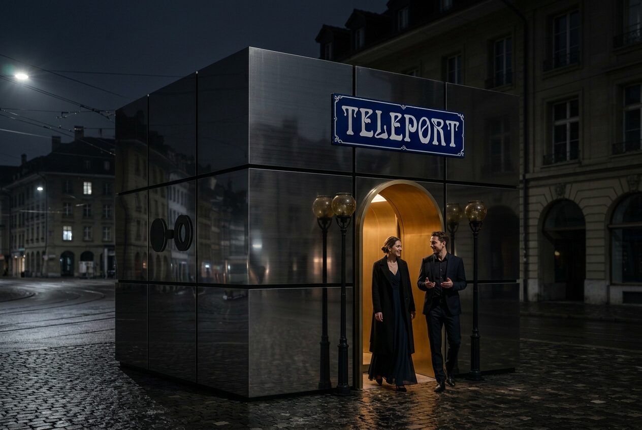 Ein Paar in Abendgarderobe verlässt nachts eine beleuchtete Beam-Station.