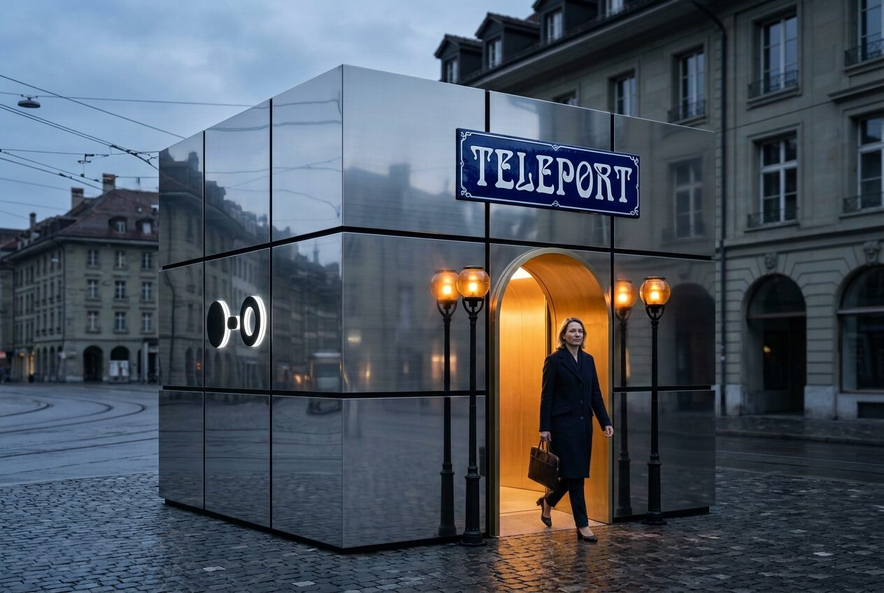 Eine Pendlerin verlässt am frühen Morgen die Beam-Station auf einem Stadtplatz.