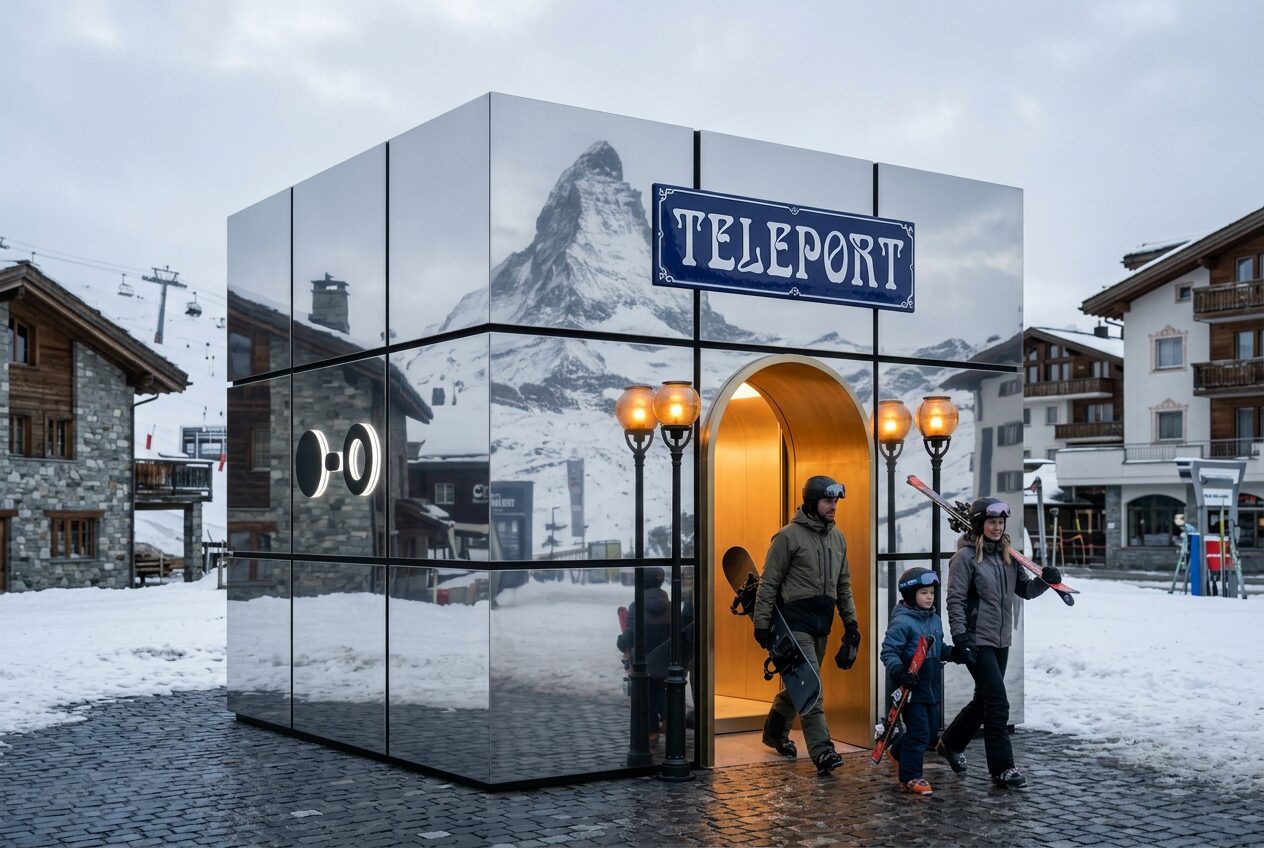 Eine Skifahrerfamilie verlässt eine Beam-Station in Zermatt, das Matterhorn spiegelt sich in der Fassade.